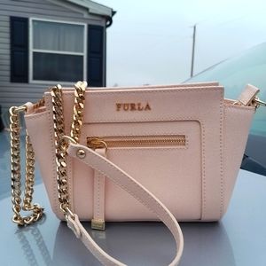 FURLA Magnolia Pink Saffiano Lthr Mini Ginevra Chain Cross Body Bag